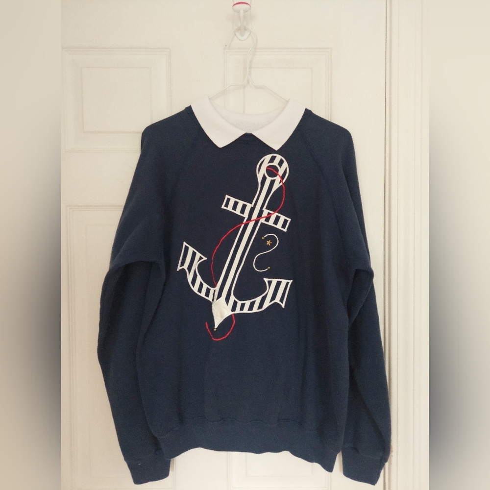 90 VINTAGE HANES Sweatshirt Women LARGE Blue Anchor Embroidered Made USA